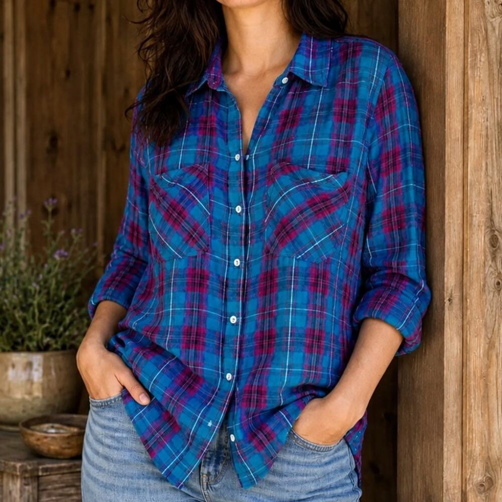 Sundance Priscilla Plaid Pearl Snap Shirt Large Teal Magenta Cotton